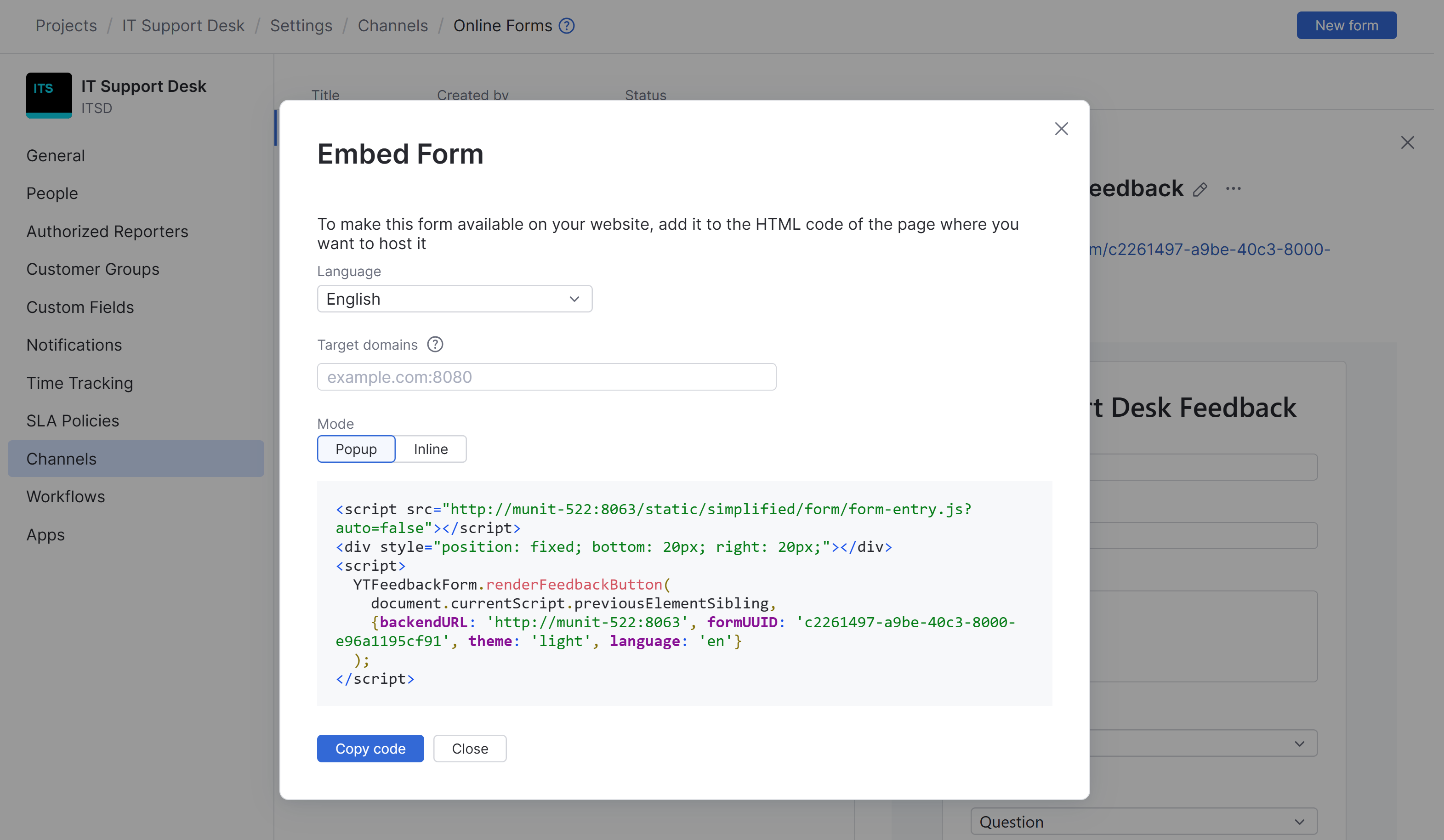 The dialog with instructions for embedding an online form. The dialog with instructions for embedding an online form.