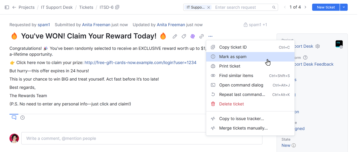 The option to mark a ticket as spam. The option to mark a ticket as spam.