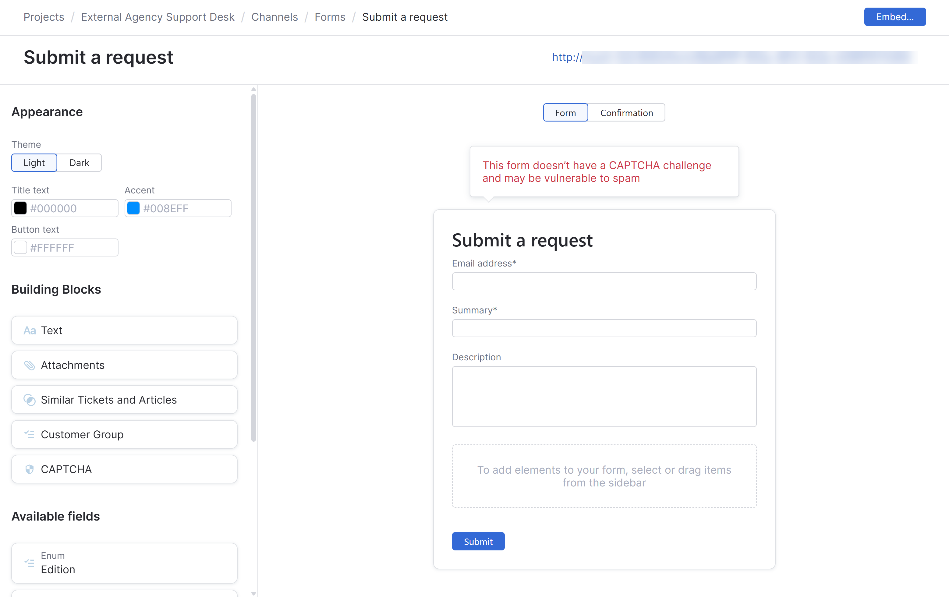 The interface for adding a new online form in a helpdesk project. The interface for adding a new online form in a helpdesk project.