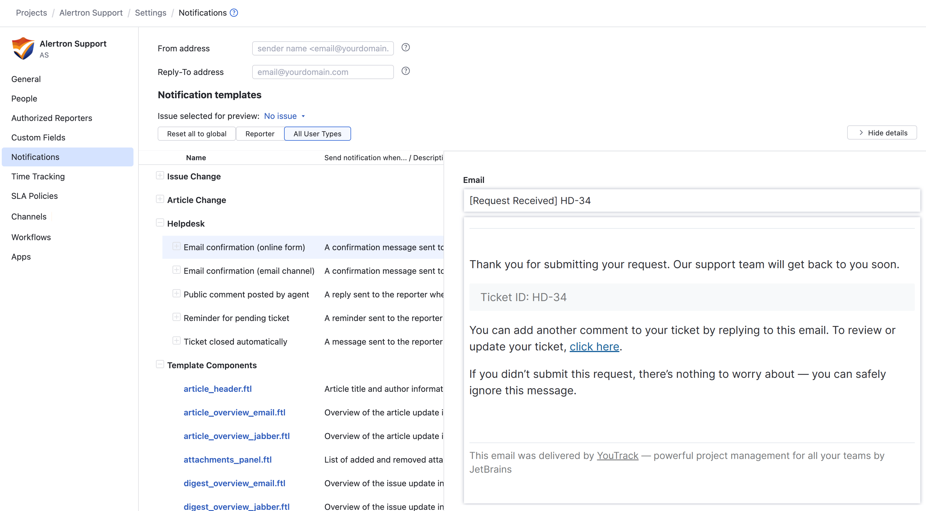 The list of notification templates in a helpdesk project. The list of notification templates in a helpdesk project.