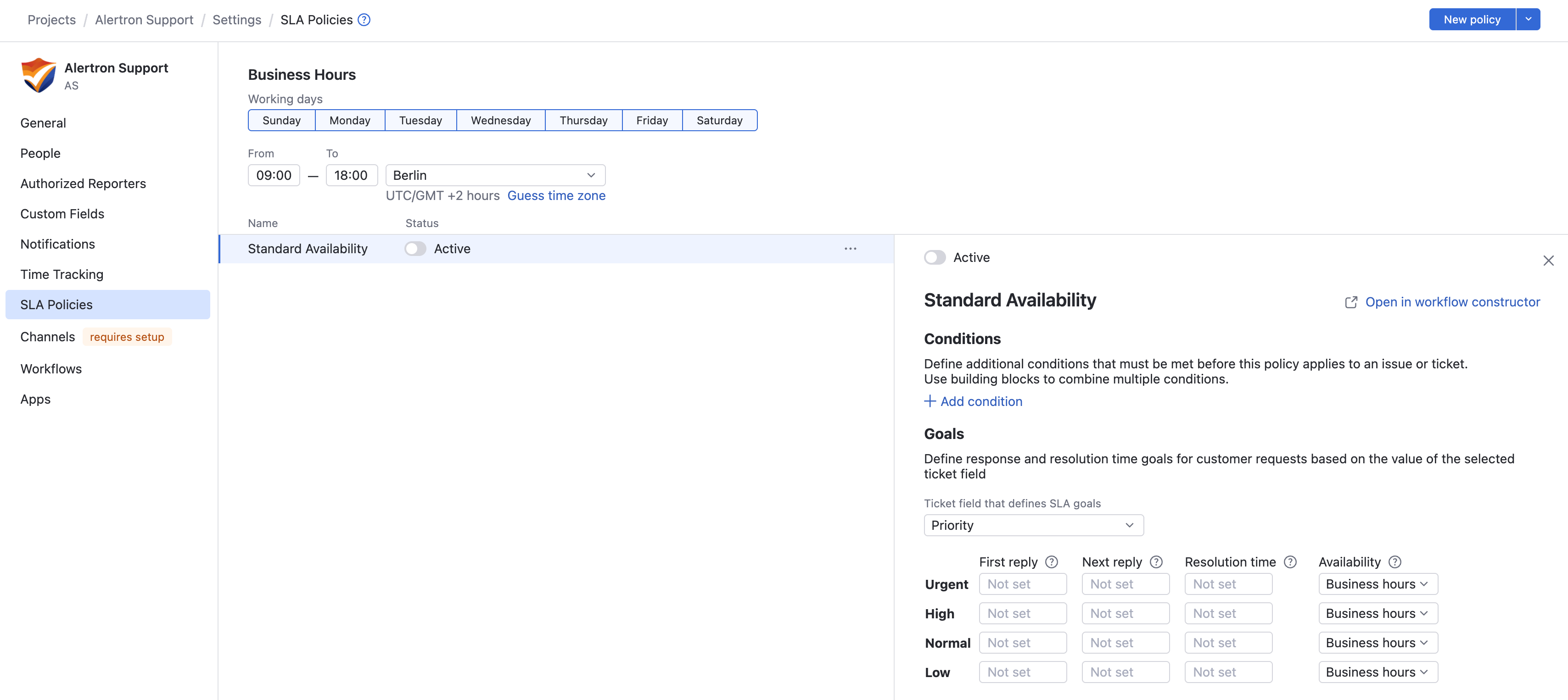 The settings for configuring an SLA in a helpdesk project. The settings for configuring an SLA in a helpdesk project.