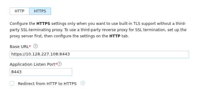 HTTPS settings in the Configuration Wizard with the Keystore option selected. HTTPS settings in the Configuration Wizard with the Keystore option selected.