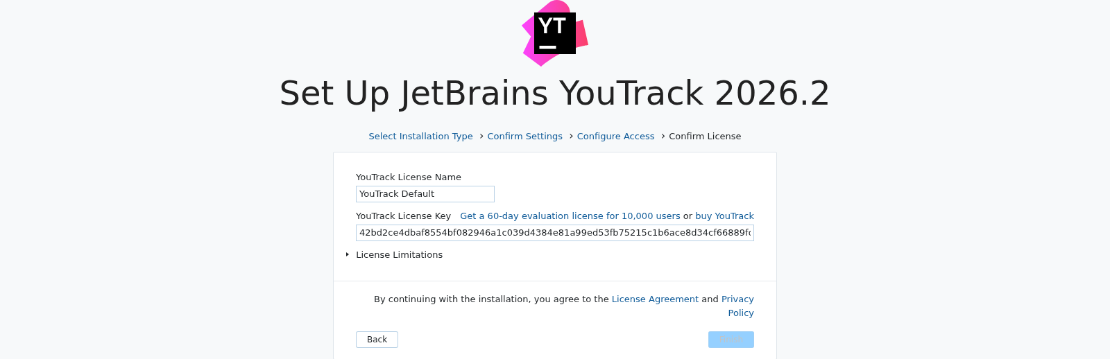 Confirm license settings for a new installation. Confirm license settings for a new installation.
