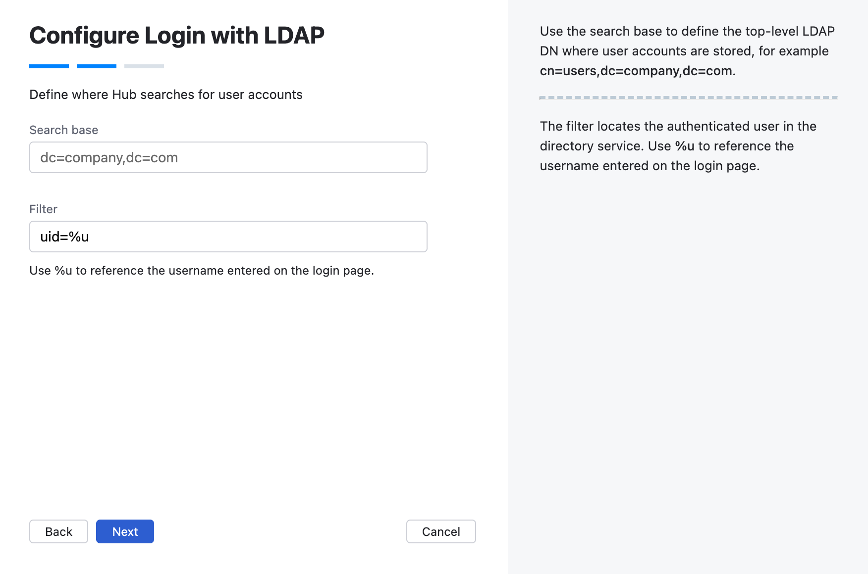 Wizard step for LDAP search base and filter.