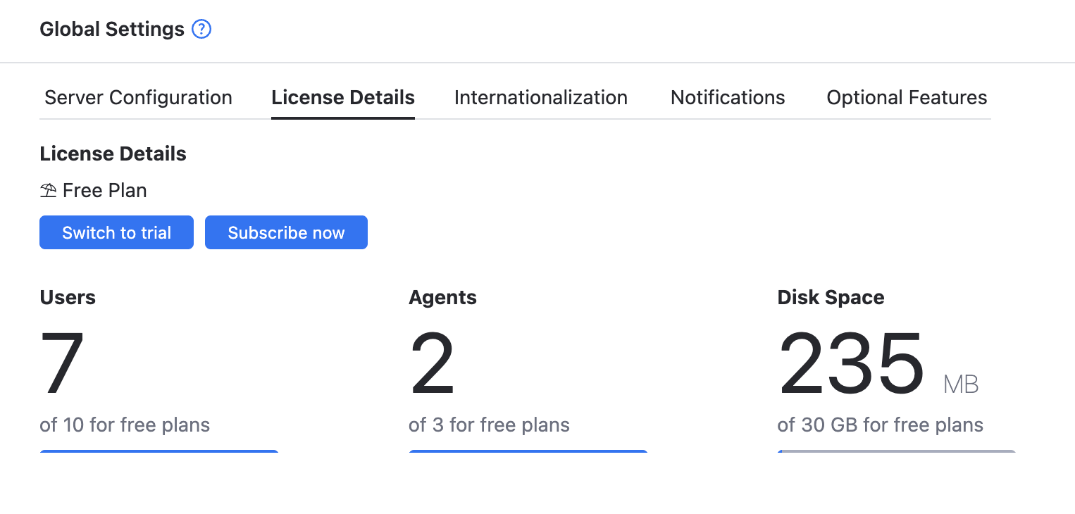 License details showing agent user allocation for a YouTrack Cloud instance. License details showing agent user allocation for a YouTrack Cloud instance.