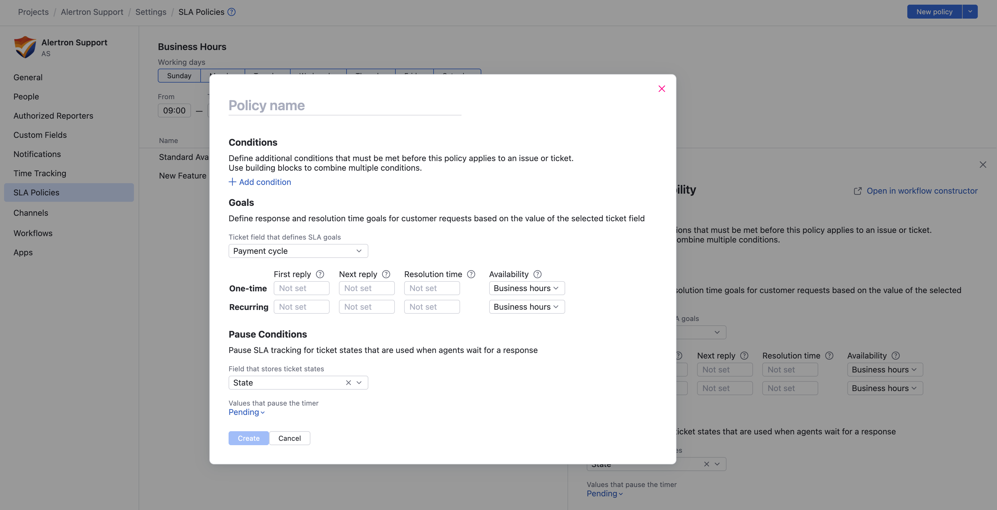 New SLA policy dialog New SLA policy dialog