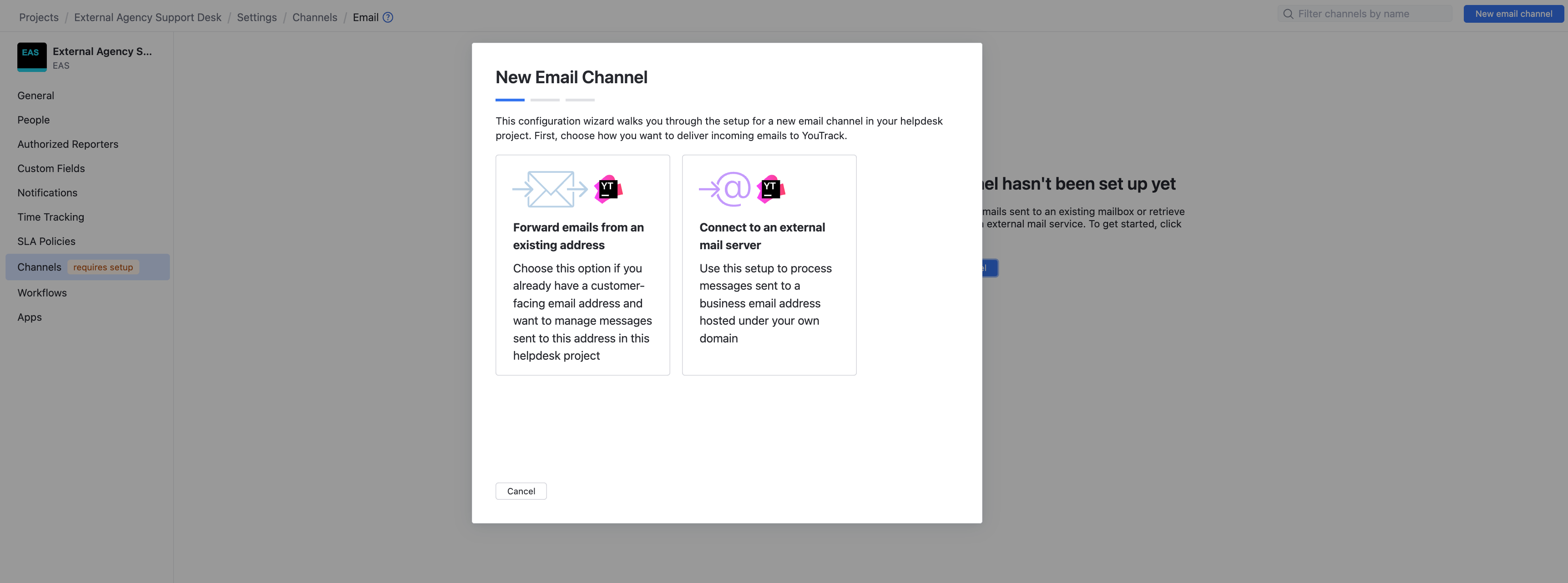 The New Email Channel dialog. The New Email Channel dialog.