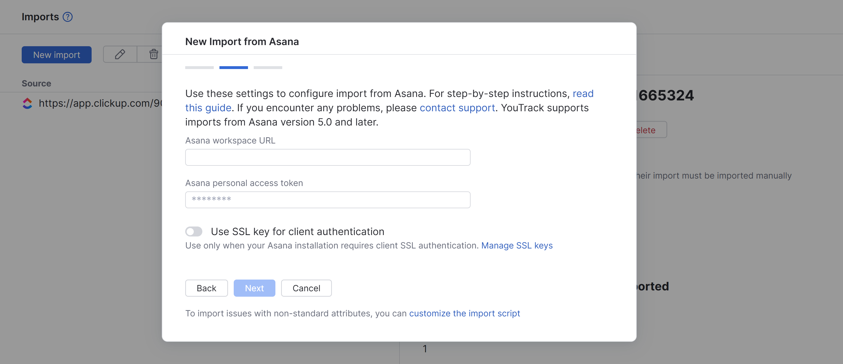 The New Import from Asana dialog. The New Import from Asana dialog.