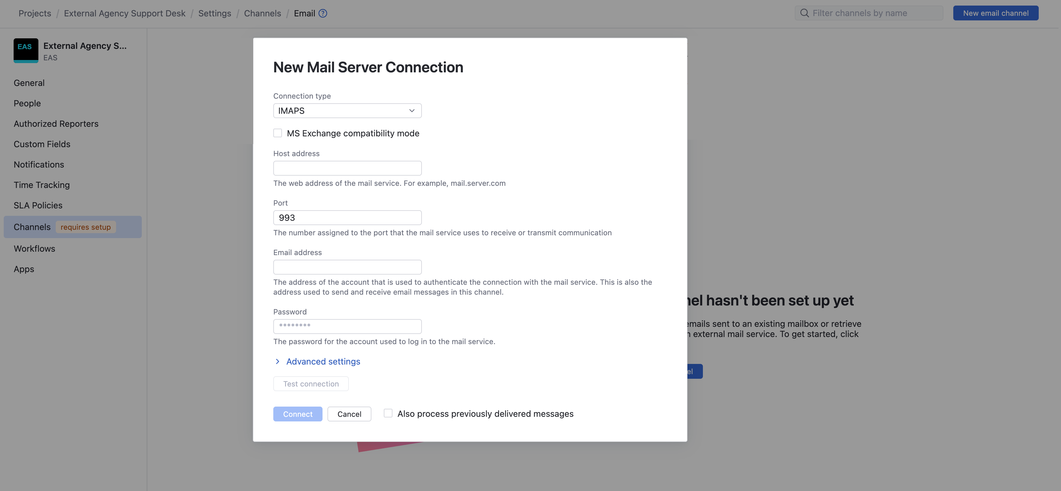 The New Mail Server Connection dialog. The New Mail Server Connection dialog.