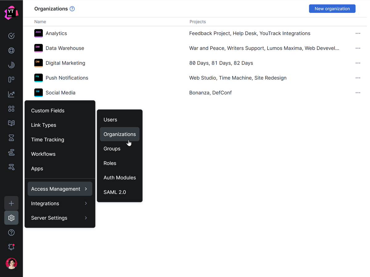 The list of organizations in YouTrack. The list of organizations in YouTrack.