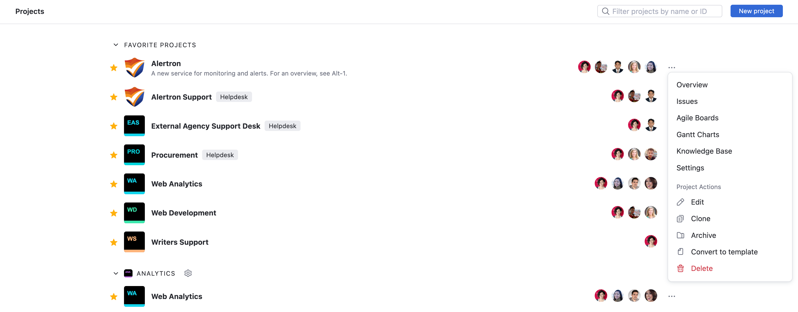 Project list actions Project list actions