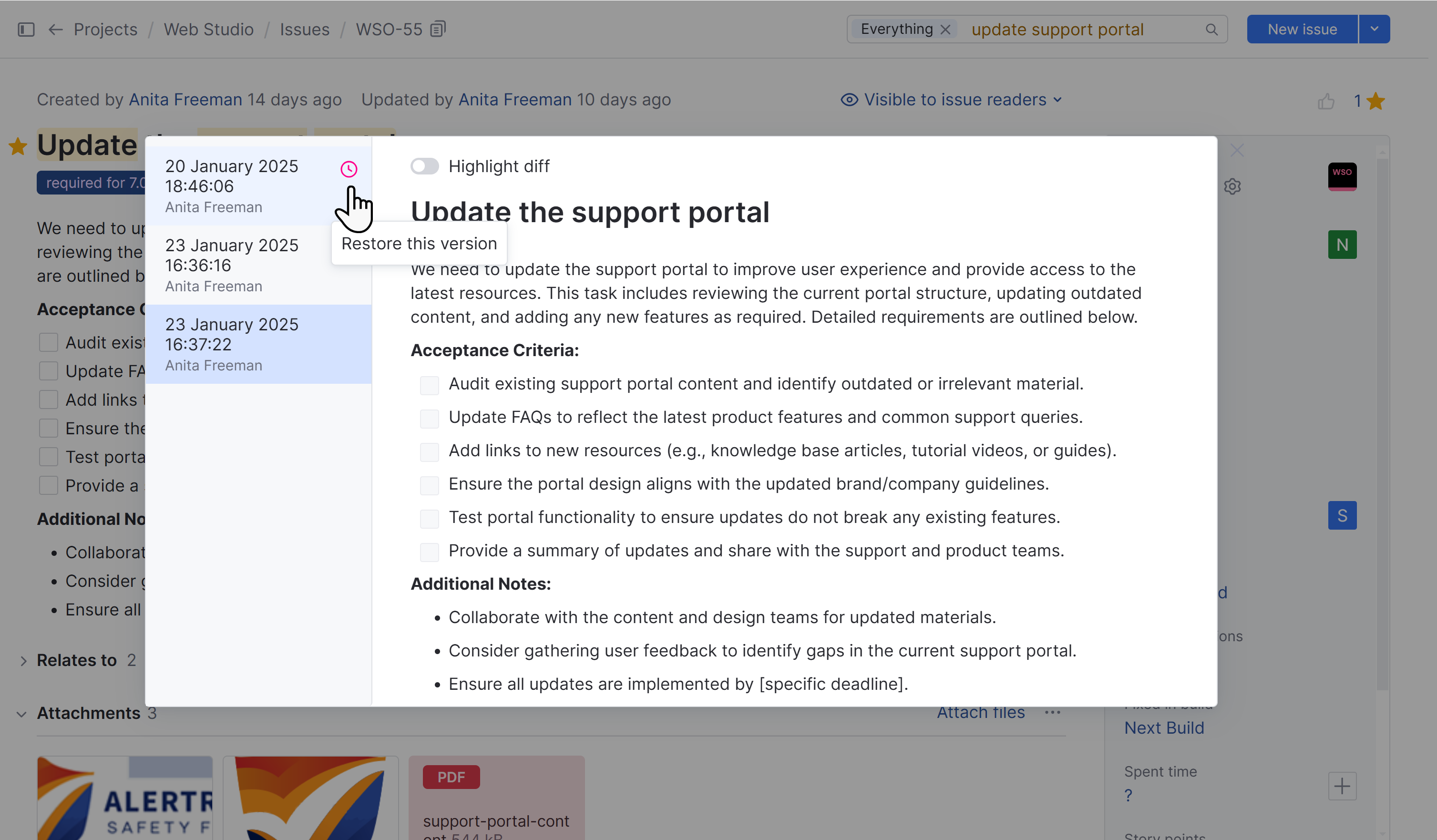 Restore a previous version of an issue. Restore a previous version of an issue.