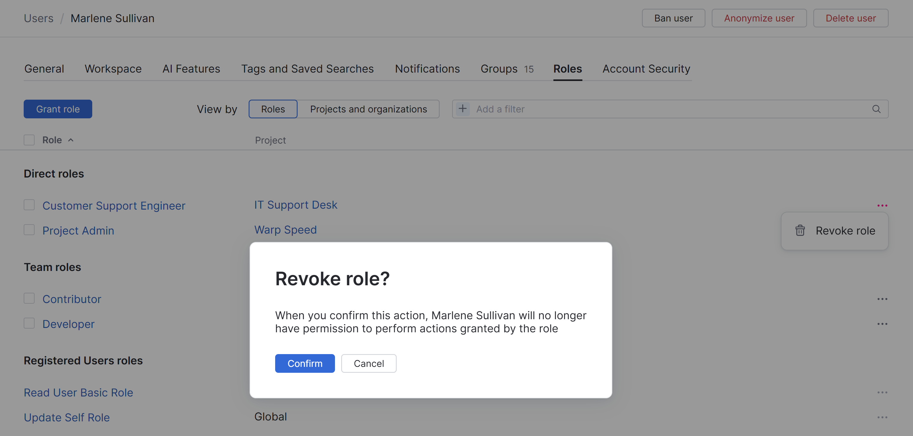 The confirmation dialog shown when revoking a role from a user account. The confirmation dialog shown when revoking a role from a user account.