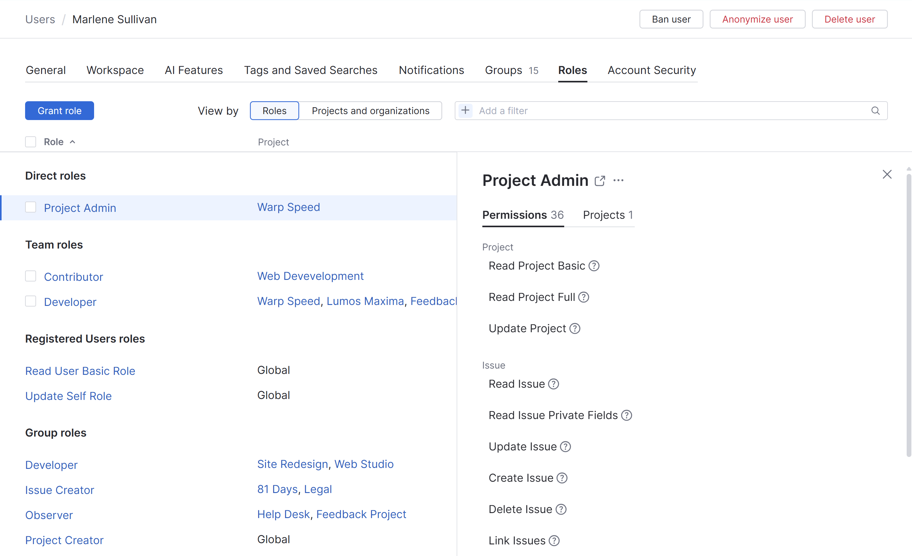 The list of roles assigned to a specific user account. The list of roles assigned to a specific user account.