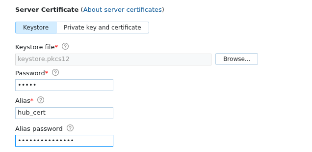 HTTPS settings in the Configuration Wizard with the Keystore option selected. HTTPS settings in the Configuration Wizard with the Keystore option selected.