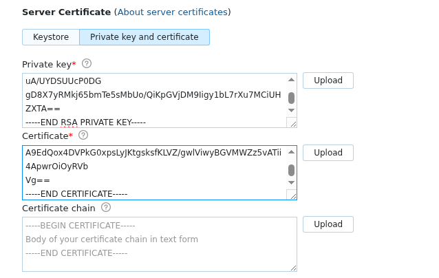 HTTPS settings in the Configuration Wizard with the Private key and certificate option selected. HTTPS settings in the Configuration Wizard with the Private key and certificate option selected.