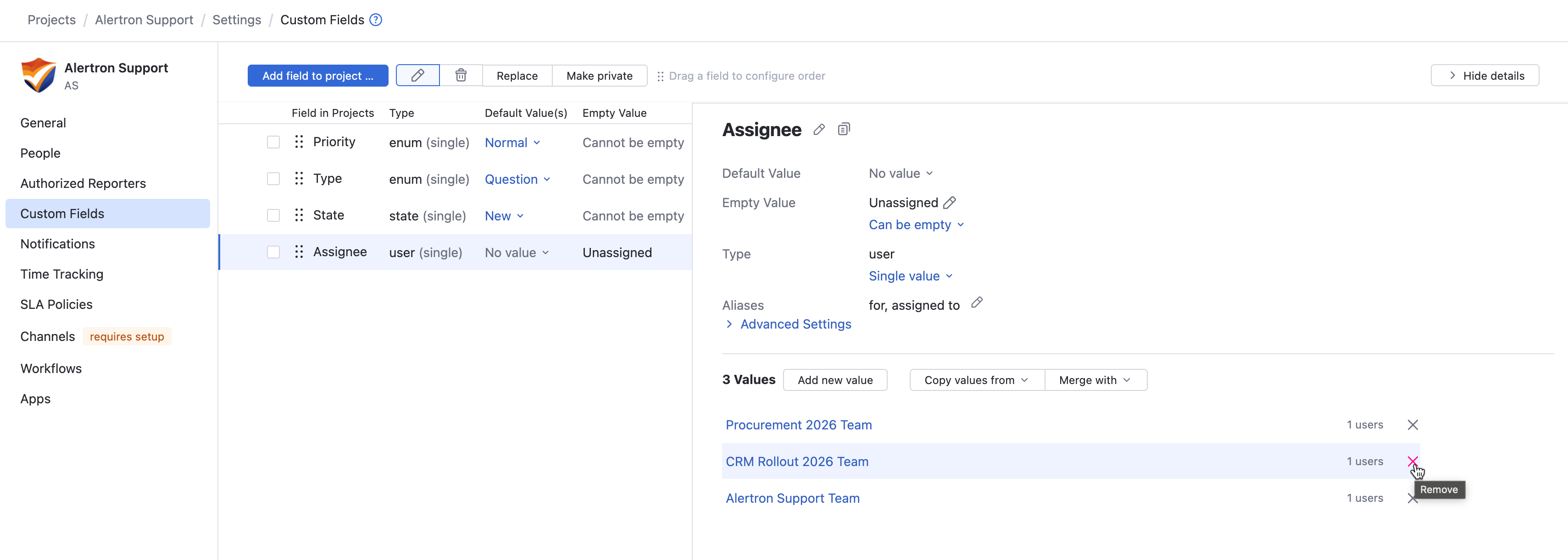 Remove the project team from the list of assignees. Remove the project team from the list of assignees.