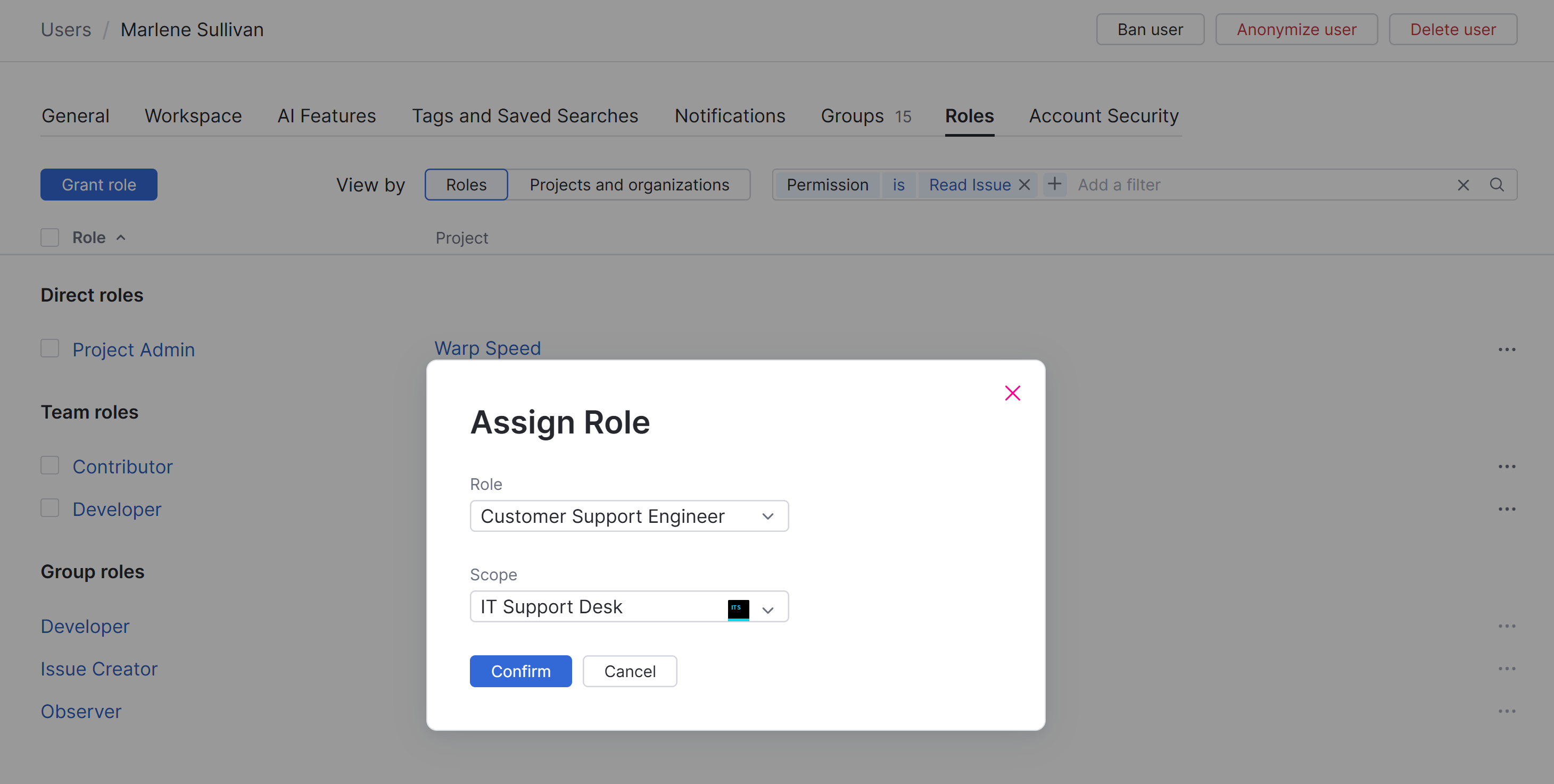 The dialog for assigning a role directly to a user account. The dialog for assigning a role directly to a user account.
