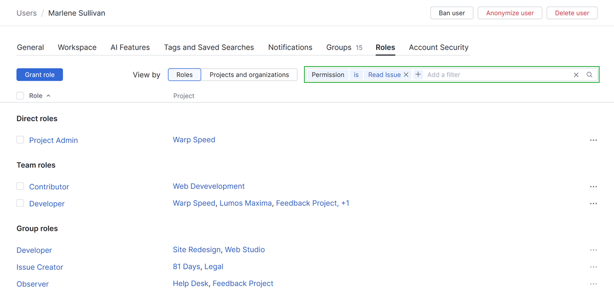 The list of roles assigned to a user account, filtered by a specific permission. The list of roles assigned to a user account, filtered by a specific permission.