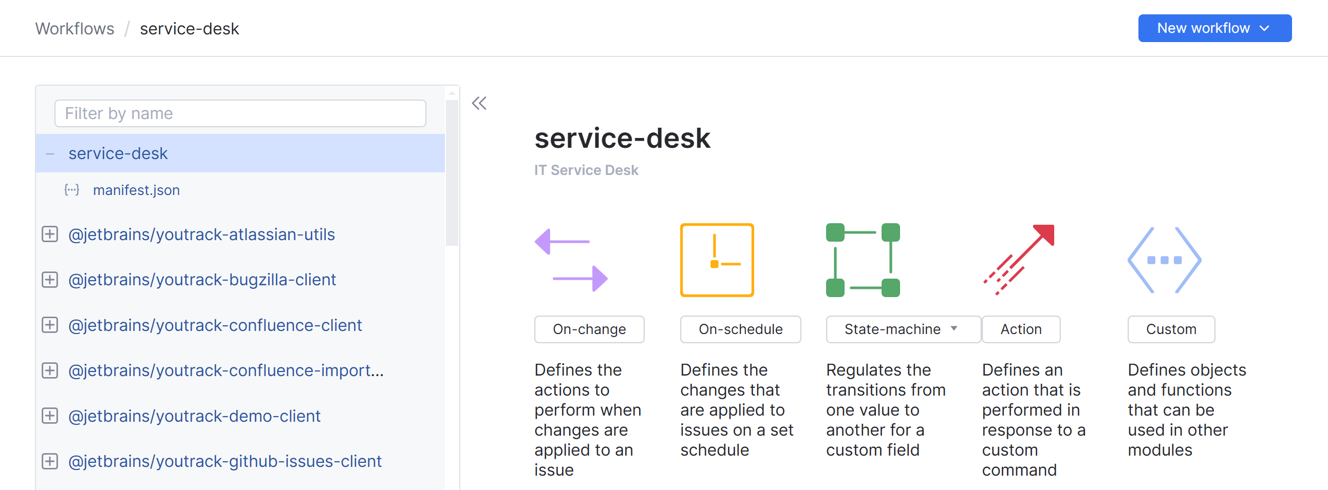 The different workflow rule types you can add on the New Module page. The different workflow rule types you can add on the New Module page.
