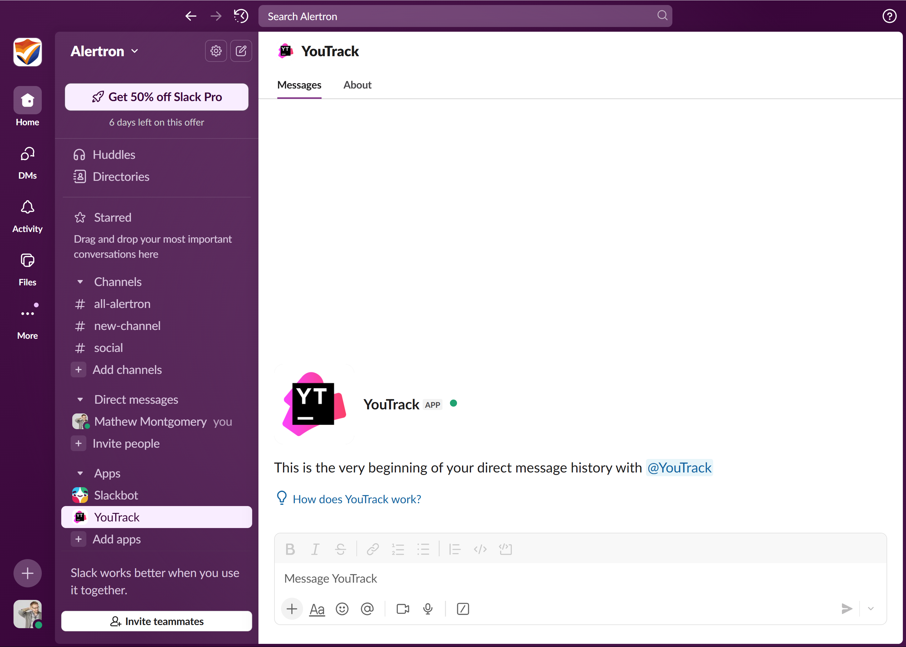 YouTrack app in Slack workspace YouTrack app in Slack workspace