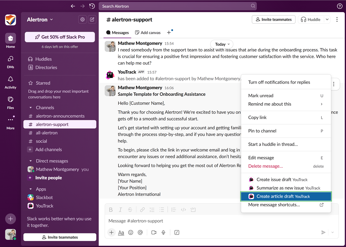 The option to create a draft article in YouTrack from a message in Slack. The option to create a draft article in YouTrack from a message in Slack.
