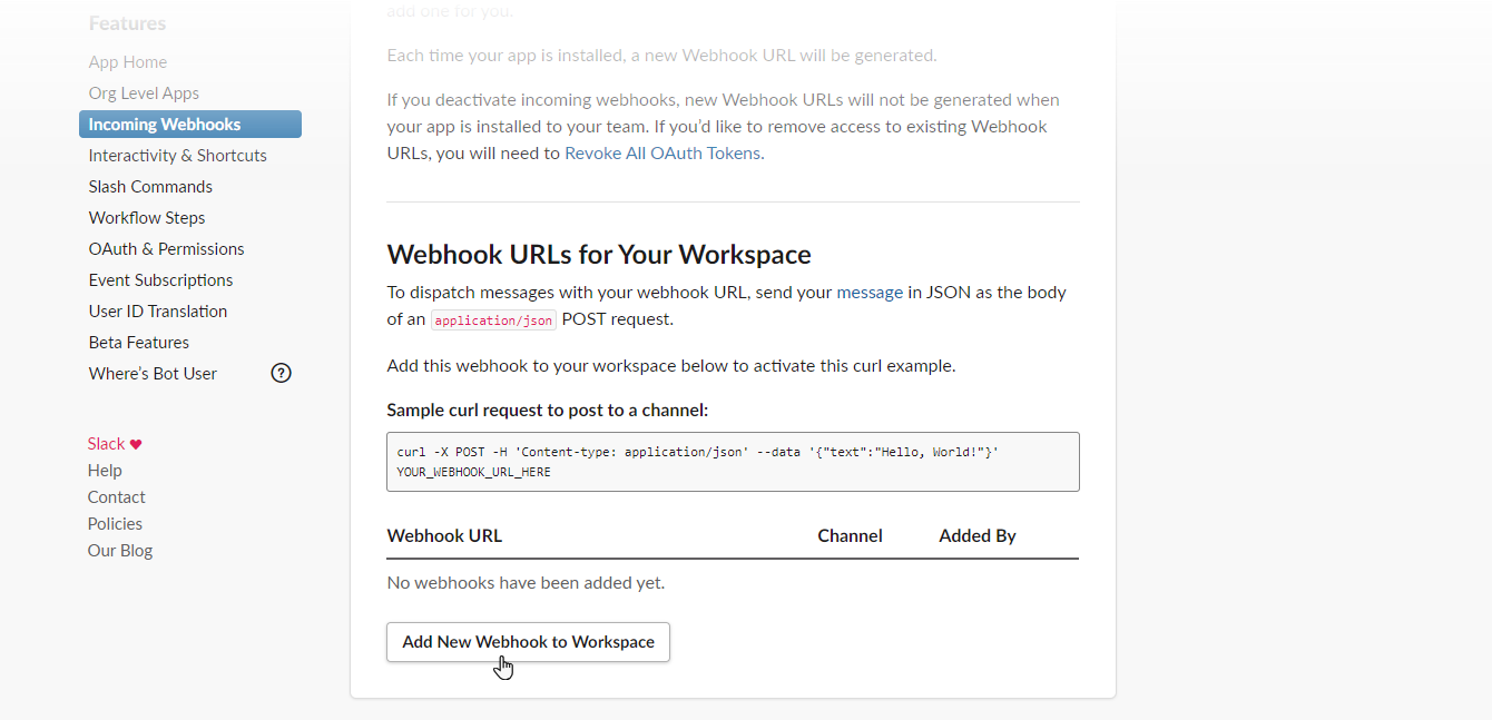 Add new webhook to workspace.
