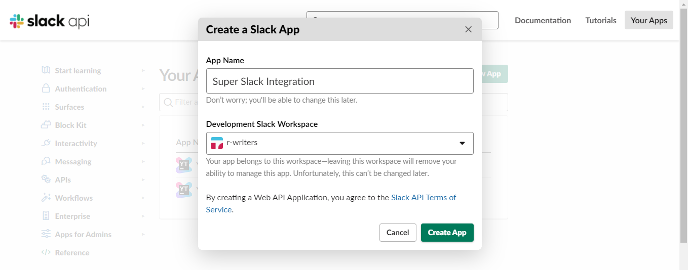 Create slack app dialog.