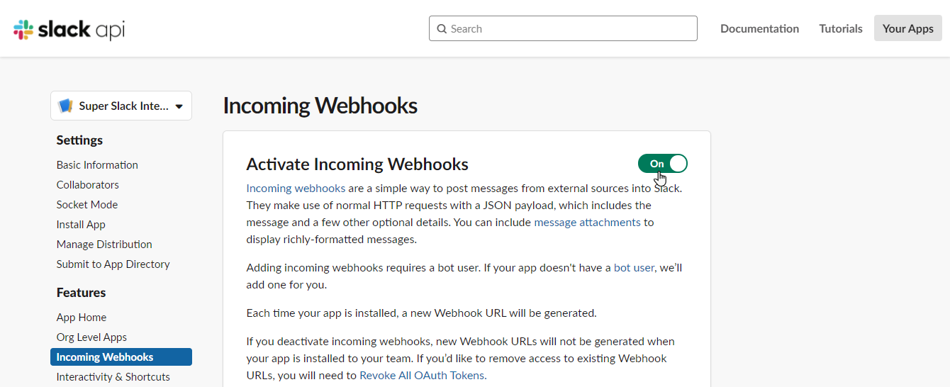 Slack integration incoming webhooks