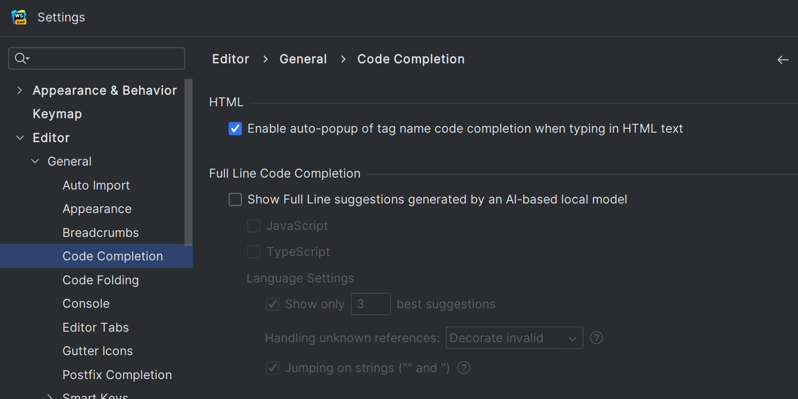 Showing the WebStorm settings for code completion