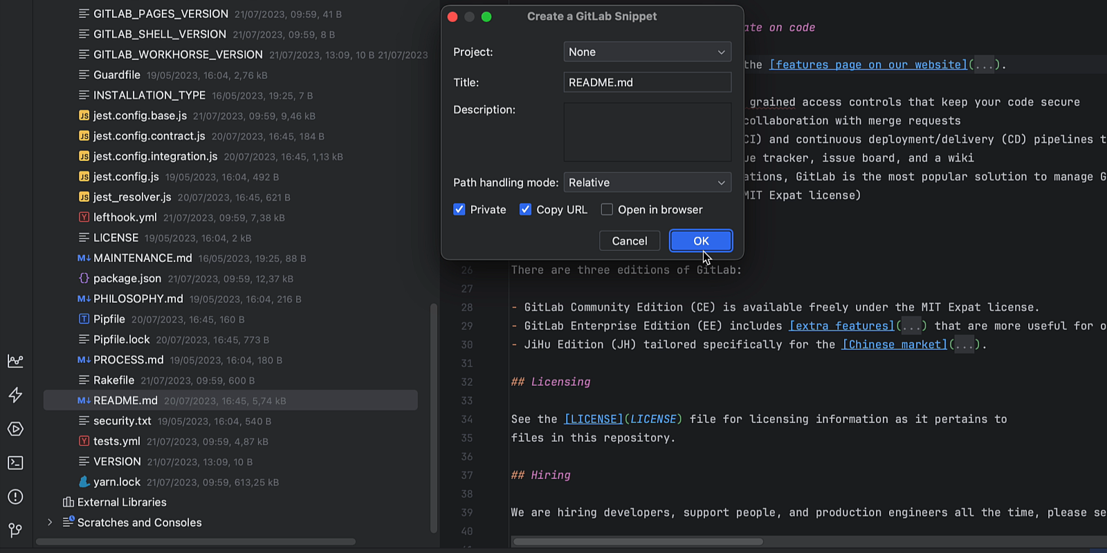 Image showing the support for the Gitlab snippets in WebStorm 2023.3