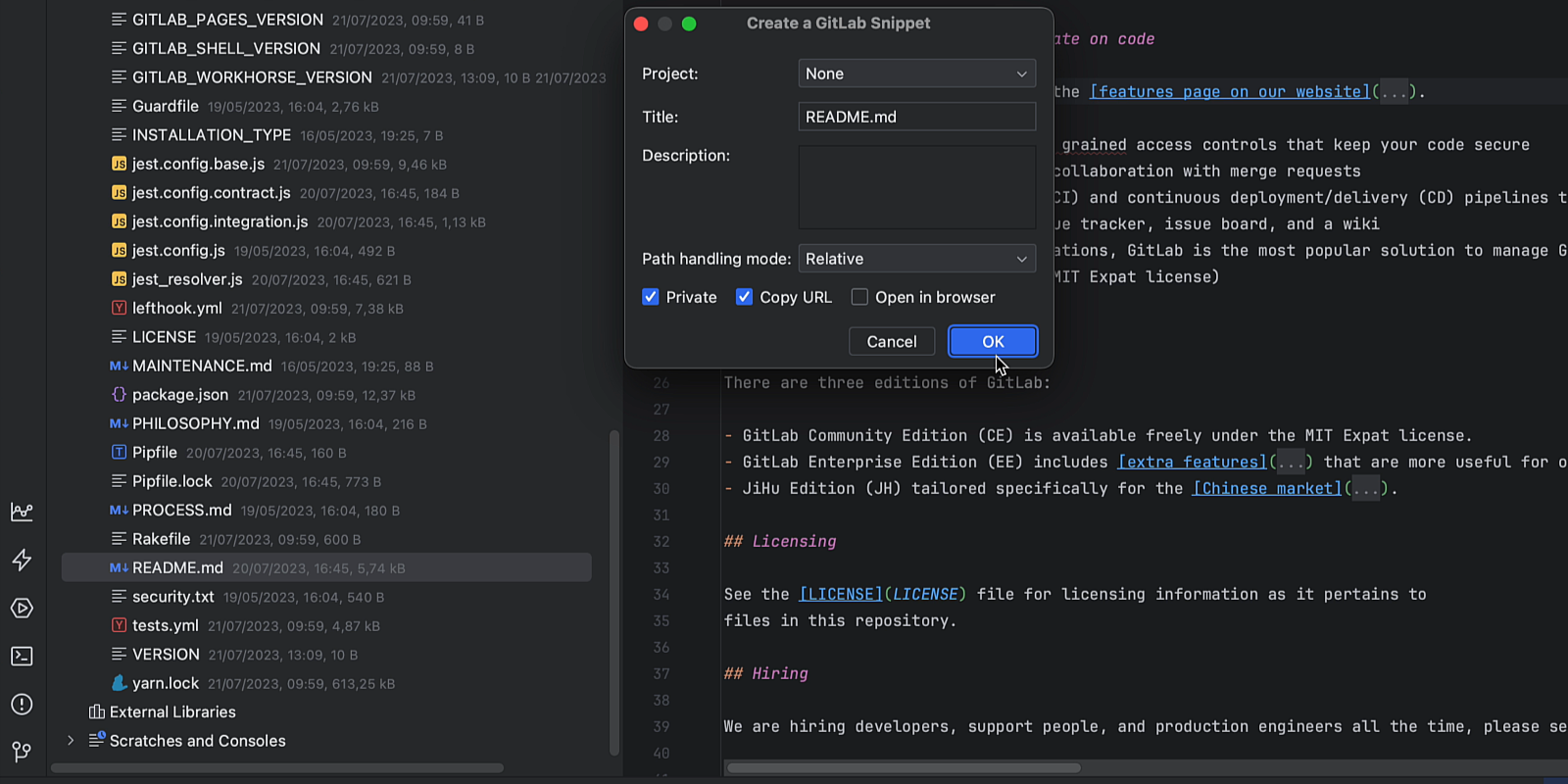 Demonstration of creating a GitLab snippet. Going to the context menu then selecting Create Gitlab snippet... then it opening a dialog to choose from options like Private, Copy in Browser and Copy URL.